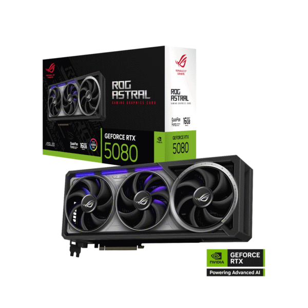 ASUS ROG Astral GeForce RTX 5080 16GB grafikkort med tre vifter og produkteske