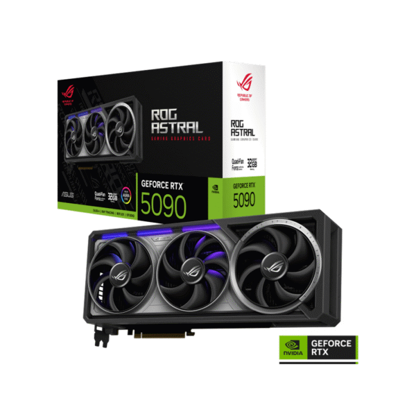ASUS ROG Astral GeForce RTX 5090 32GB grafikkort med tre vifter og produkteske