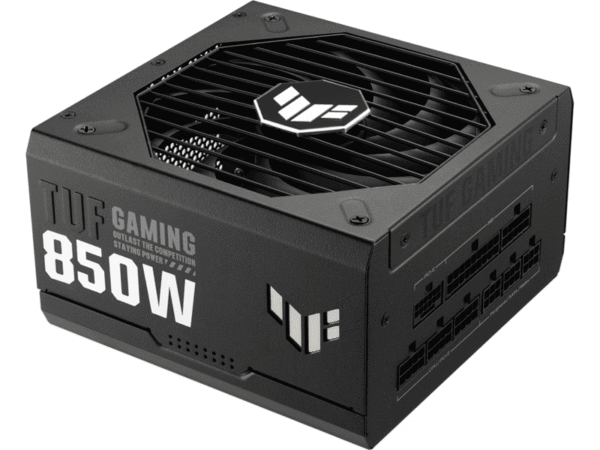 ASUS TUF Gaming 850W strømforsyning i svart med modulære tilkoblinger og TUF Gaming-logo på toppen