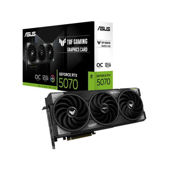 ASUS TUF Gaming GeForce RTX 5070 OC 12GB grafikkort med tre vifter, vist foran produktesken