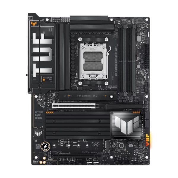 ASUS TUF Gaming X870-Plus WiFi hovedkort sett ovenfra, med AM5-sokkel og sort design
