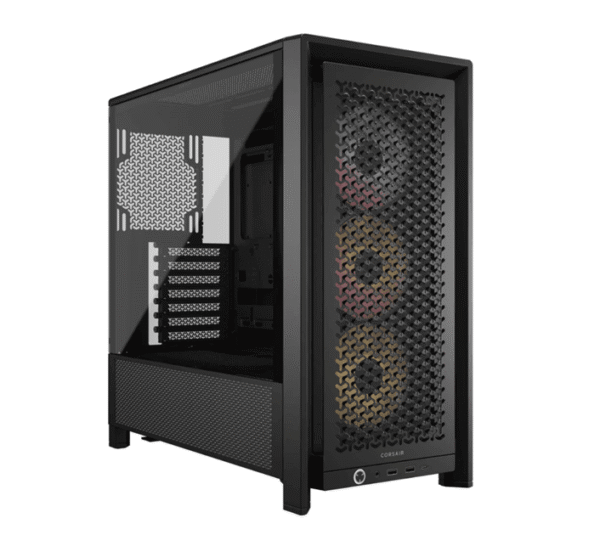 Corsair PC-kabinett i svart med mesh-frontpanel, RGB-vifter og herdet glasside