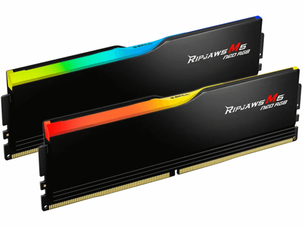To RAM-moduler fra G.Skill Ripjaws M5 Neo RGB med svart kjøler og RGB-belysning