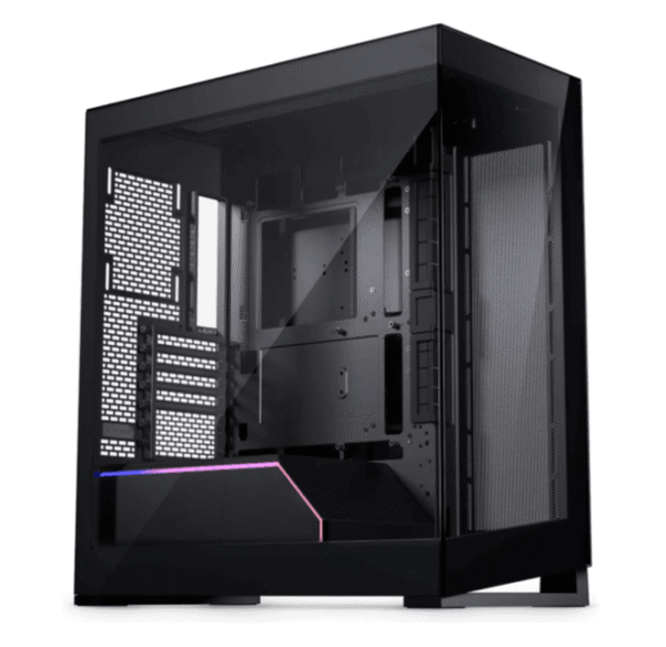 Svart midi-tower PC-kabinett med herdet glass sidepanel, mesh-ventilasjon og RGB-belysning nederst foran