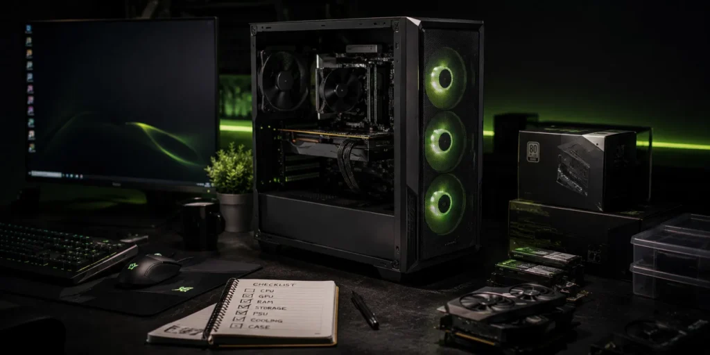 PC-byggeoppstilling med åpent kabinett, grønne RGB-vifter, grafikkort, strømforsyning og en sjekkliste for komponenter: CPU, GPU, RAM, Storage, PSU, Cooling, Case