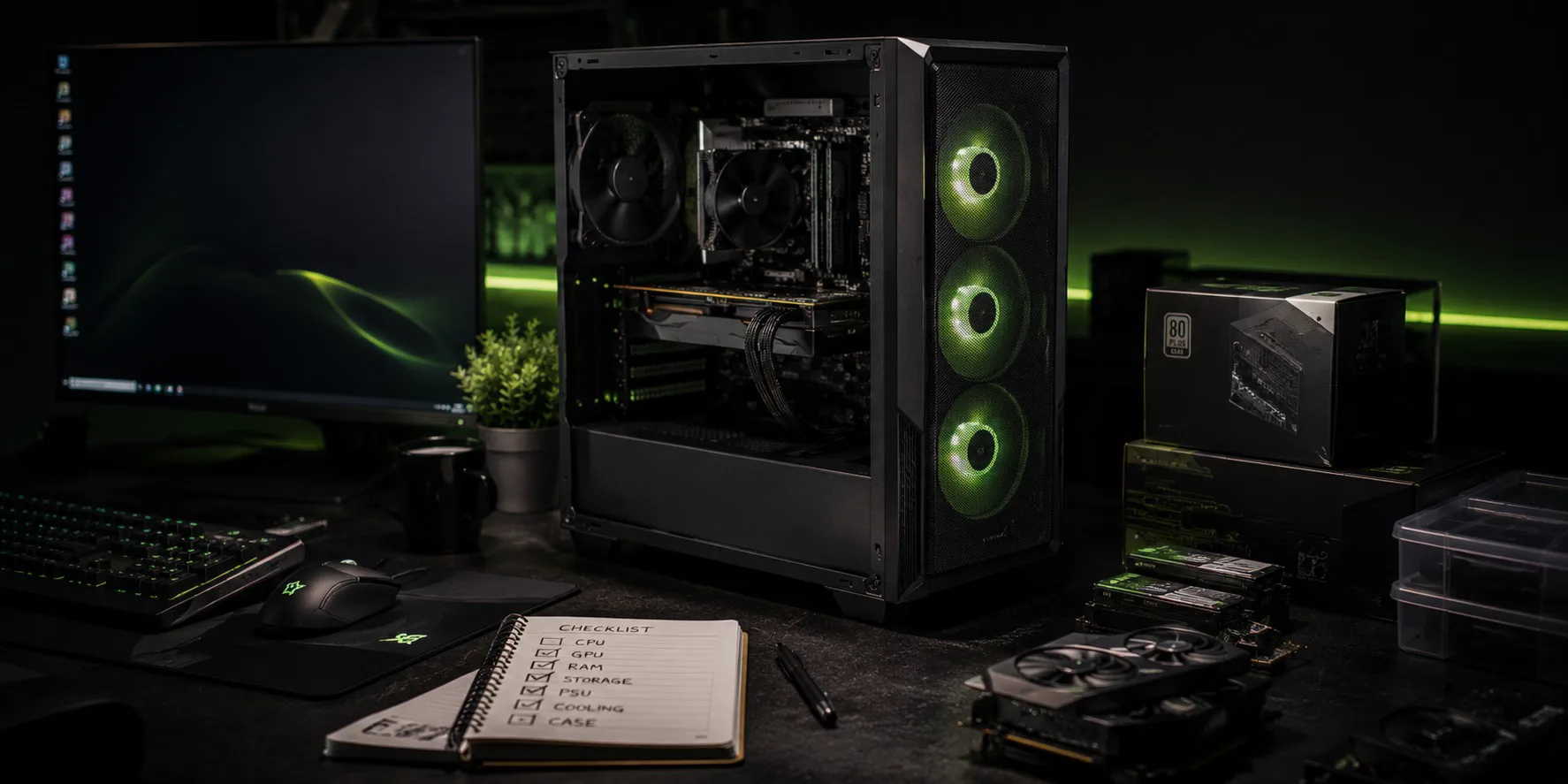 PC-byggeoppstilling med åpent kabinett, grønne RGB-vifter, grafikkort, strømforsyning og en sjekkliste for komponenter: CPU, GPU, RAM, Storage, PSU, Cooling, Case