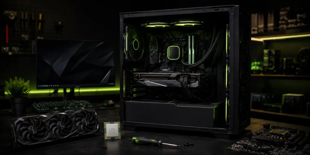 Åpen gaming-PC med grønn RGB-belysning, med grafikkort, CPU og skrutrekker på bordet foran