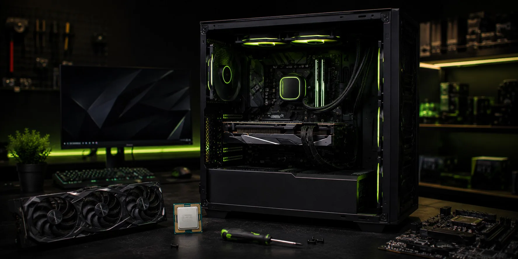 Åpen gaming-PC med grønn RGB-belysning, med grafikkort, CPU og skrutrekker på bordet foran