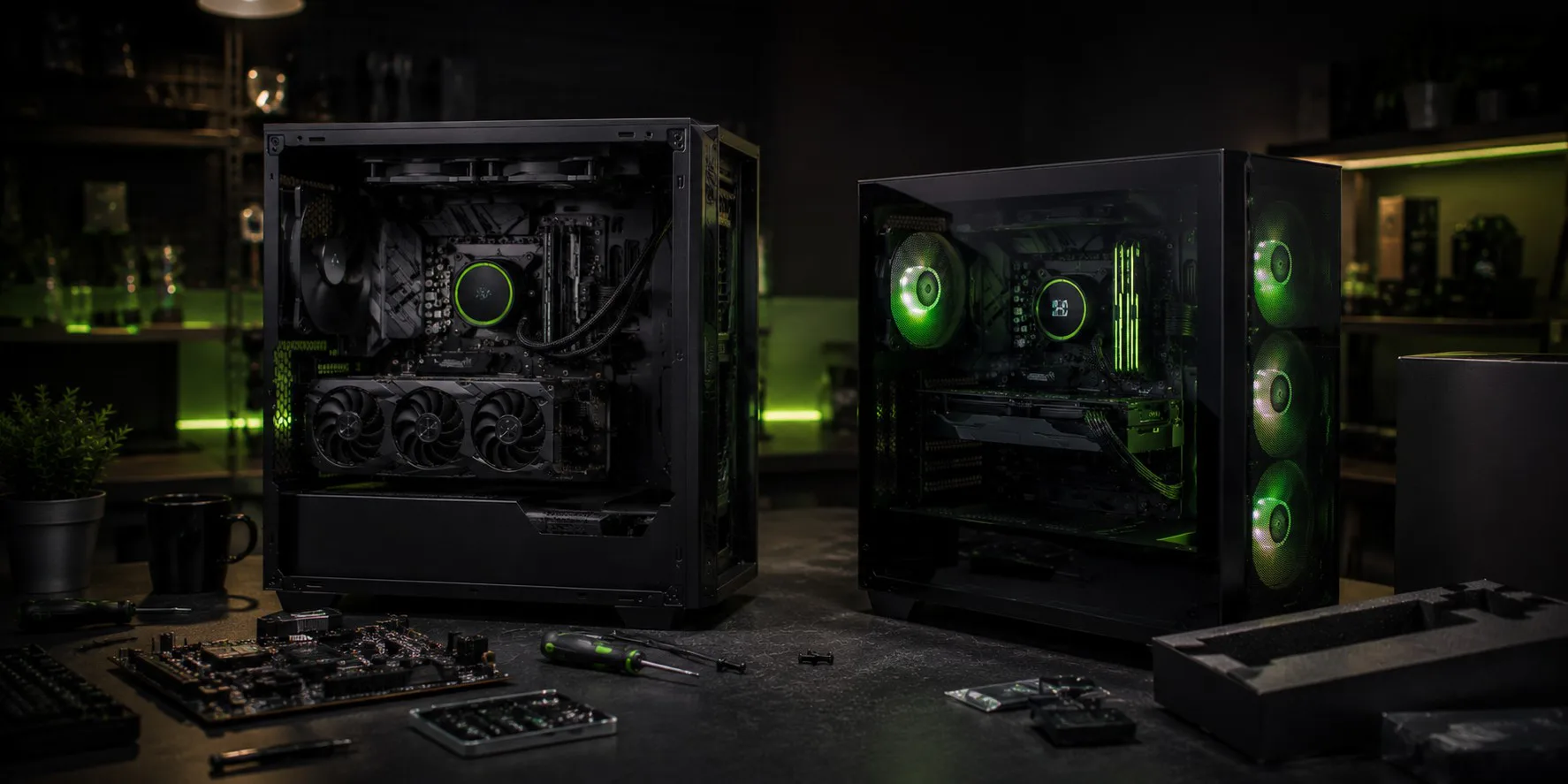 To svarte gaming-PC-kabinetter med grønn RGB-belysning på et mørkt arbeidsbord, omgitt av verktøy og PC-komponenter