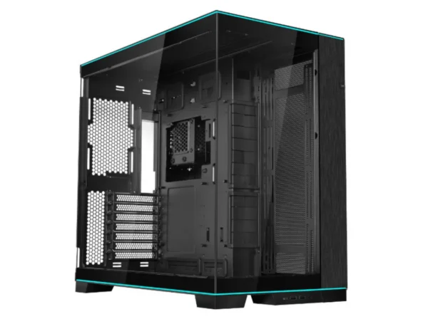 Svart midi-tower PC-kabinett med herdet glasspanel og turkise LED-lister langs kantene