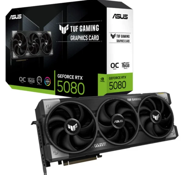 ASUS TUF Gaming GeForce RTX 5080 OC 16GB GDDR7 grafikkort med tre vifter, vist med produkteske