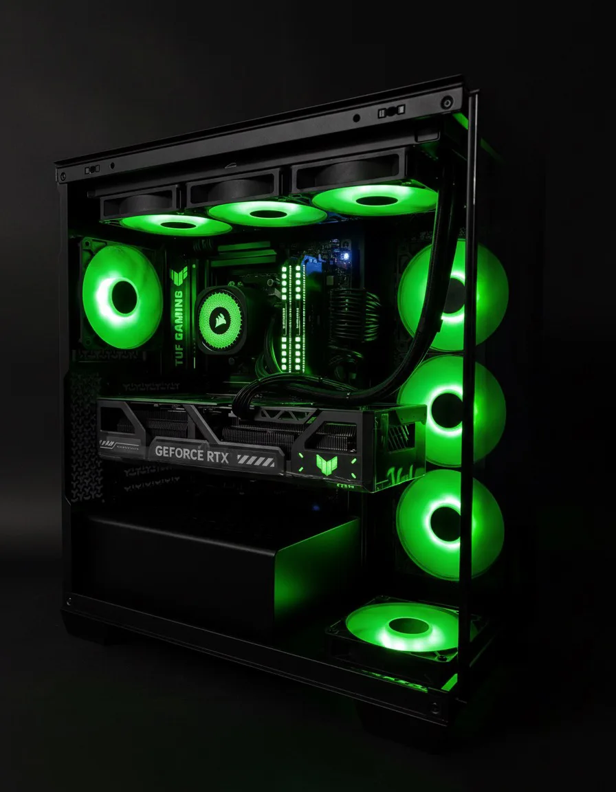 Speldator med grön RGB-belysning, ASUS TUF Gaming-moderkort och GeForce RTX-grafikkort i svart chassi